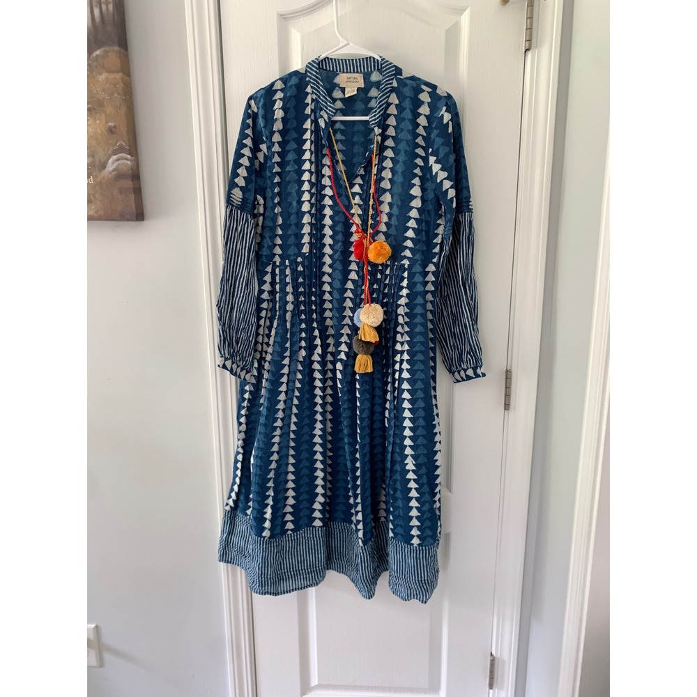 Natural Impressions Blue White Cotton Geometric Pom Pom Tassel Midi Dress Small